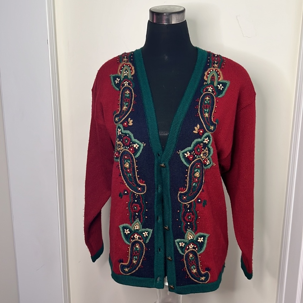 Vintage Koret 21% wool Knit Embroidered Cardigan sweater Size Medium